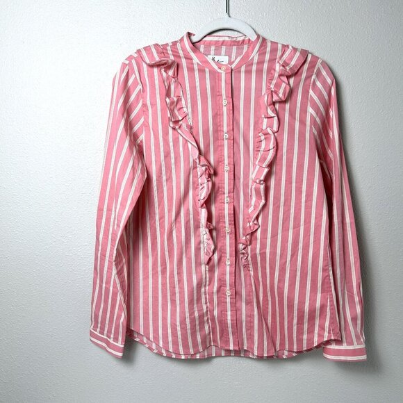 The Shirt Rochelle Behrens Button Up Ruffle Size M Pink Striped Long Sleeves - Picture 1 of 10
